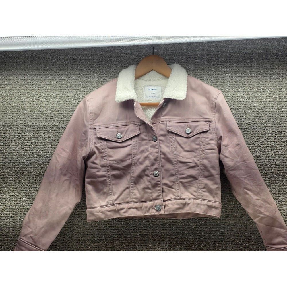 Old Navy Kids Pink Sherpa Lined Denim Trucker Jacket Size L 10-12 Dusty Rose
